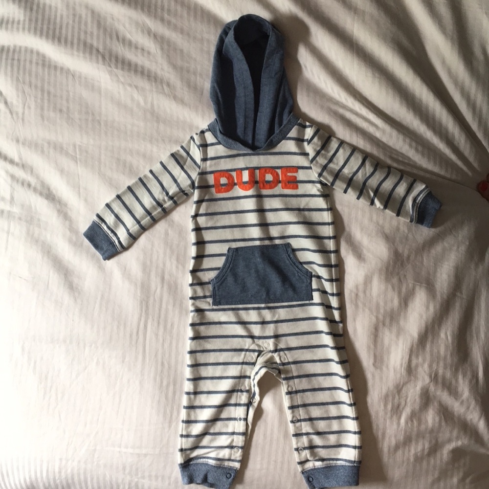 Long sleeve "DUDE" onesie with hood. 18 Months